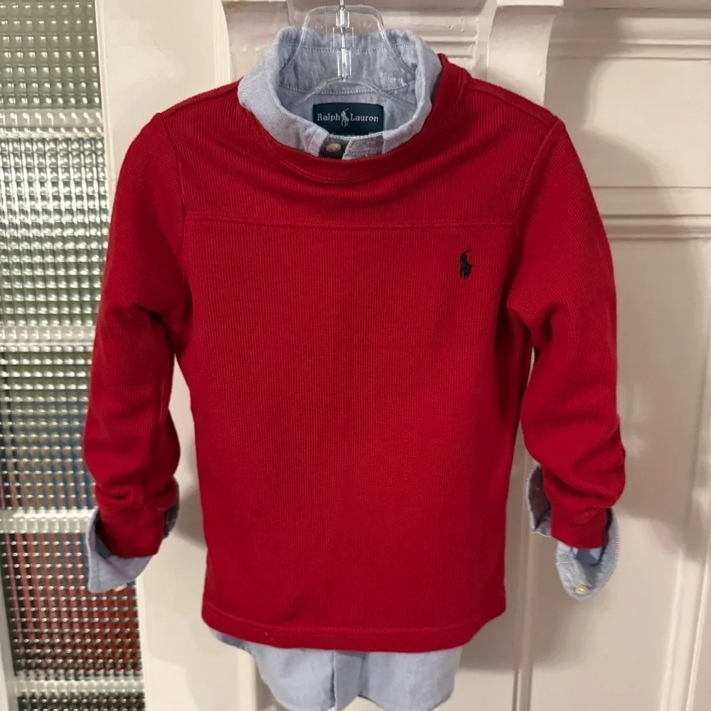 Ralph Lauren Boys 2 Pcs Set Blue Oxford Shirt & Red Ribbed Pullover Sz 4T